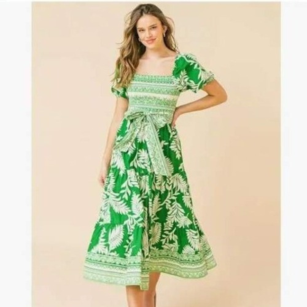 Flying Tomato Smocked Tropical Midi Dress